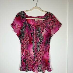Y2K Fairycore Pink Paisley Mesh Top Sheer Flutter Sleeve Milkmaid Style XL